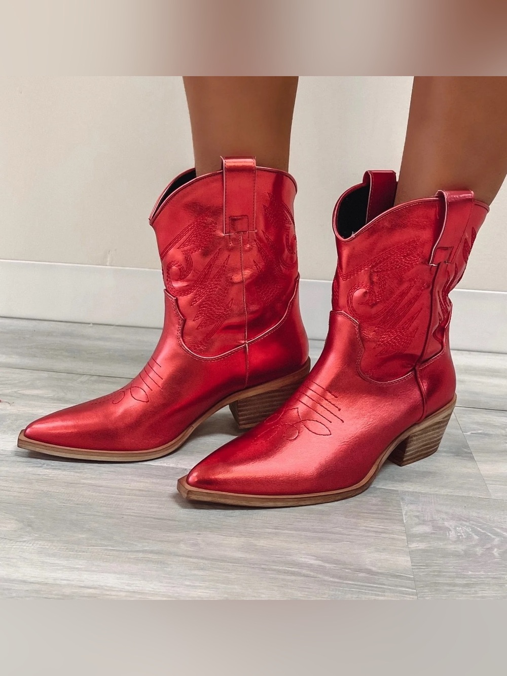 Shu Shop Red Metallic Western Ankle Cowboy Boots Size 7.5